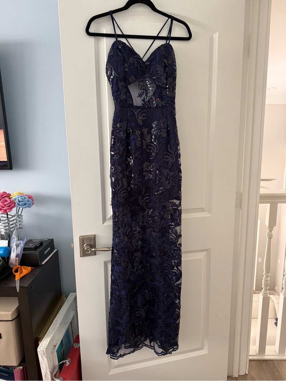 Lux Navy Lace Sequin Evening Dress
